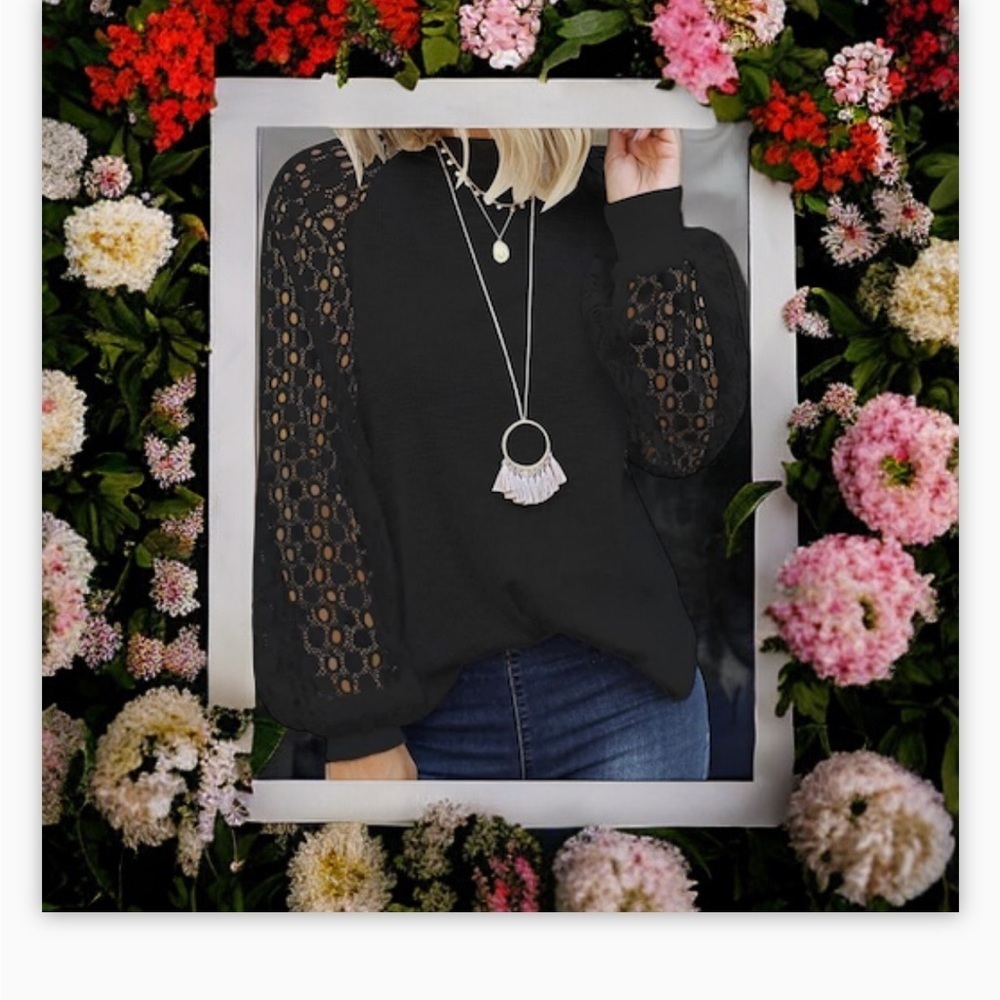 Micro star Women’s Black Lace-Crochet Detail on Sleeve Top -Sz Sm-NWOT🖤☀️ - Picture 7 of 10